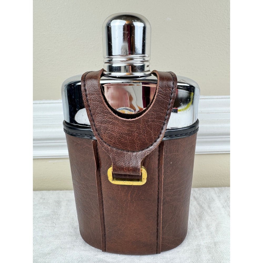 Vintage Glass Hip Flask Brown Faux Leather Carrier Chrome Shot Cup Cap Fluted